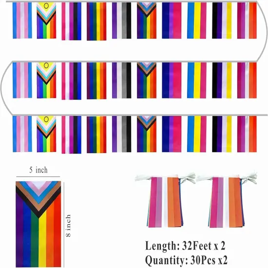 2 Set All Pride Rainbow Gay Flags Banner String Bunting LGBTQ Decoration,64 Feet 60 Pcs {3}