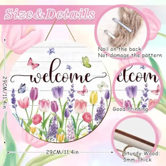 Summer Flower Welcome Door Sign Tulip Wooden Hanging Sign Floral Butterfly Door Hanger Sign for Spring Summer Holiday Indoor Outdoor Farmhouse Home Porch Window Decor {3}