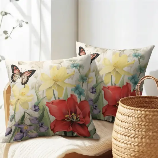 Spring Summer Flower Outdoor Decorative Pillow Covers 18x18 Inch Set of 2 Floral Butterfly Throw Pillows Spring Farmhouse Pillowcases Cotton Linen Cushion Covers for Couch Bed Sofa Chair Home Decor {6}