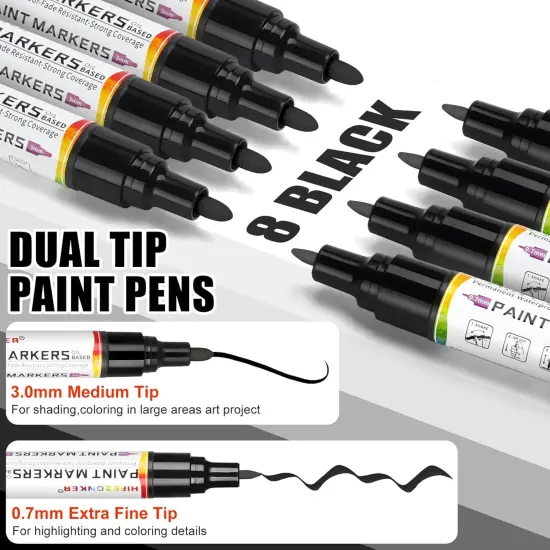 Black Paint Pen Paint Marker - 8 Pack Dual Tip Oil Based Black Permanent Markers, Extra Fine Tip & Medium Fine Tip (0.7mm & 3mm), Quick Drying, Waterproof, Marker Pen for Fabric (8 Black) {3}