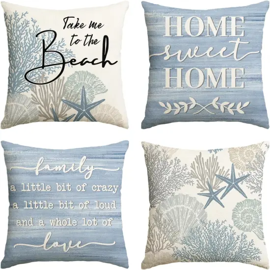 colorlife Summer Take Me to The Beach Coral Starfish Throw Pillow Covers, 18 x 18 Inch Home Sweet Home Motto Blue Cushion Case for Sofa Couch Set of 4 {1}