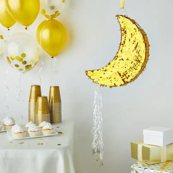 Gold Foil Moon Pinata with Pull Strings for Birthday Party, Twinkle Twinkle Little Star Gender Reveal Party Decorations (16.5 x 11 x 3 In) Yellow {2}