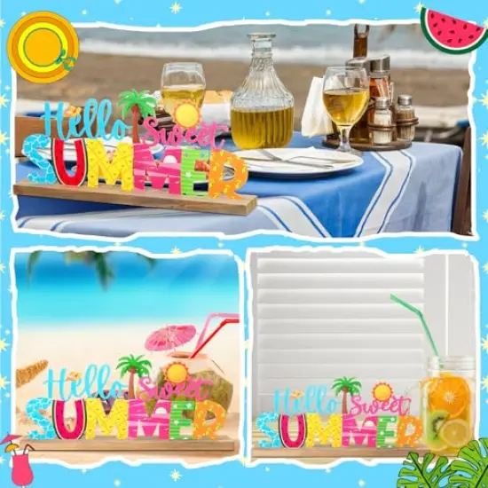 Hello Sweet Summer Metal Sign Rustic Table Decor Holiday Tiered Tray Decor with Wooden Base Freestanding Metal Word Sign for Home Tabletop Centerpiece Mantel Shelf Fireplace {2}
