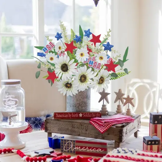 6pcs Silk Wildflower Picks for 4th of July Decorations Artificial Daisy Flowers with Blue & Red Stars Patriotic Decorations {5}