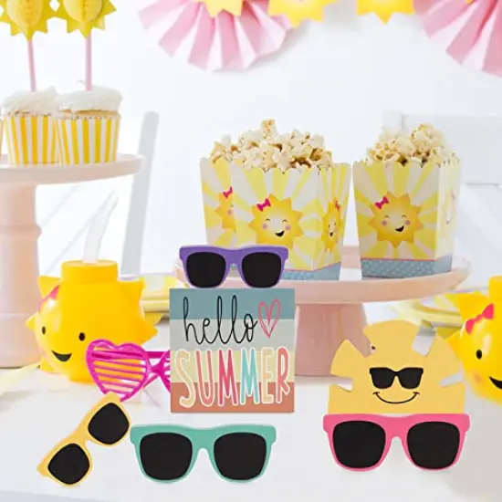 Summer Decor - 6 PCS Rustic Summer Tiered Tray Decor - Hello Summer Sunglasses Sunshine Wood Decorations - Luau Party Decorations {3}