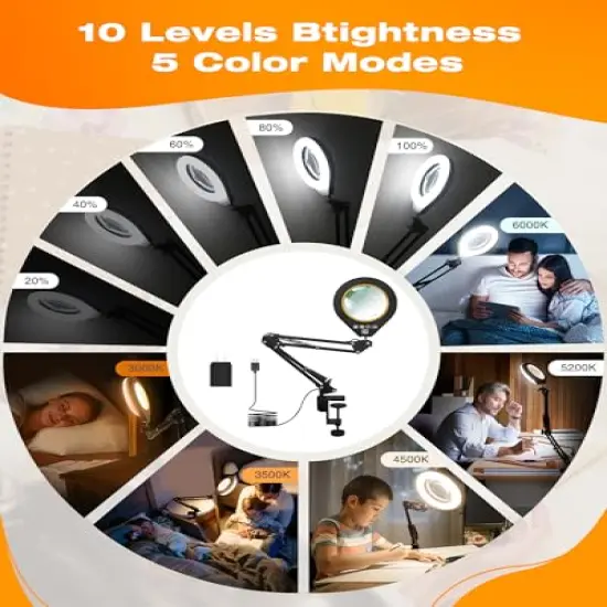 Magnifying Glass with Light, 10X & 5X Real Glass & Anti-Glare Lens, 5 Color Mode Stepless Dimmable LED Desk Magnifying Lamp, Hands-Free Desk Lamp with Clamp for Crafts Reading Repair Hobby (Yellow) {5}