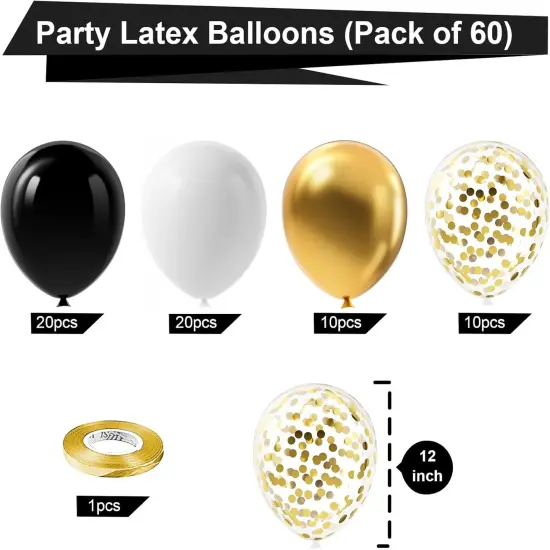 Black and Gold Confetti Balloons,60pcs 12 inch Black White and Gold Metallic Latex Party Balloons Set with Gold Ribbon for Birthday,Wedding,Baby Shower,Gold Theme Party Graduation Decorations {2}