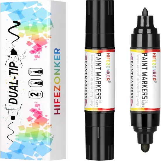 Black Paint Pen Black Paint Marker - 2 Pack Dual Tip Oil Based Black Permanent Markers,Extra Fine Tip & Medium Fine Tip(0.7mm & 3mm),Quick Drying, Waterproof, Marker Pen for Fabric (2 Black) {1}
