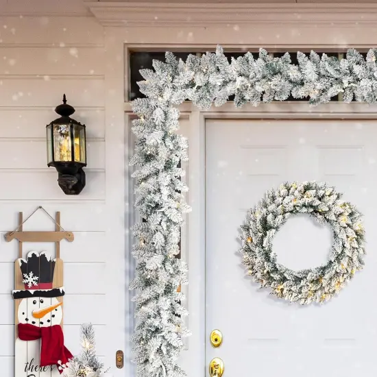 9ft Pre-Lit Snow Flocked Christmas Garland and Warm White LED Lights with Timer {1}