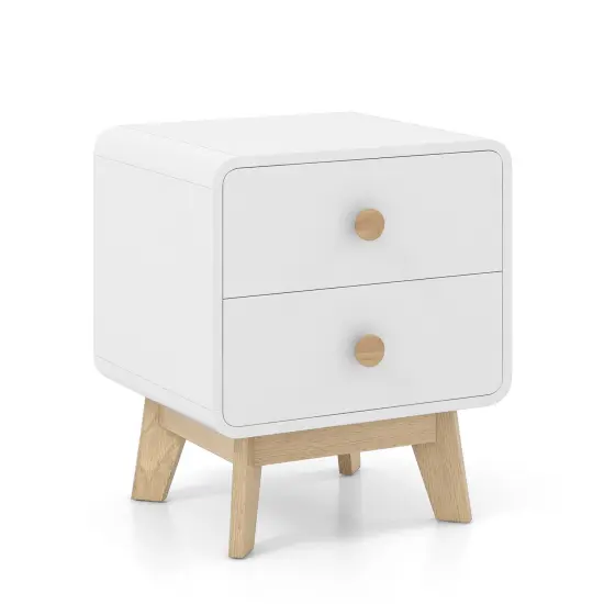 MDF and Rubber Wood Nightstand with 2 Drawers and Mid-Century Modern Design White {7}