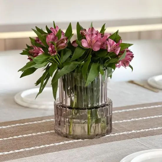 Wide Neck Short Amber Ribbed Glass Vase {2}