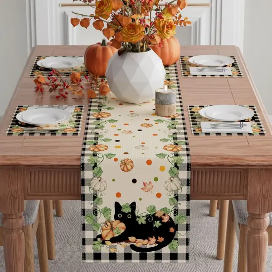 Fall Black Cat Pumpkin Plaid Table Runner {3}