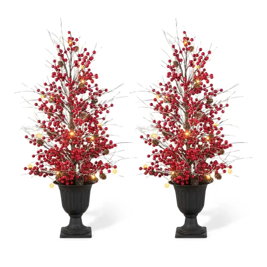 Set of 2 36''H Christmas Lighted Berry Pine Cone Urn Porch Trees With Timer Red {4}