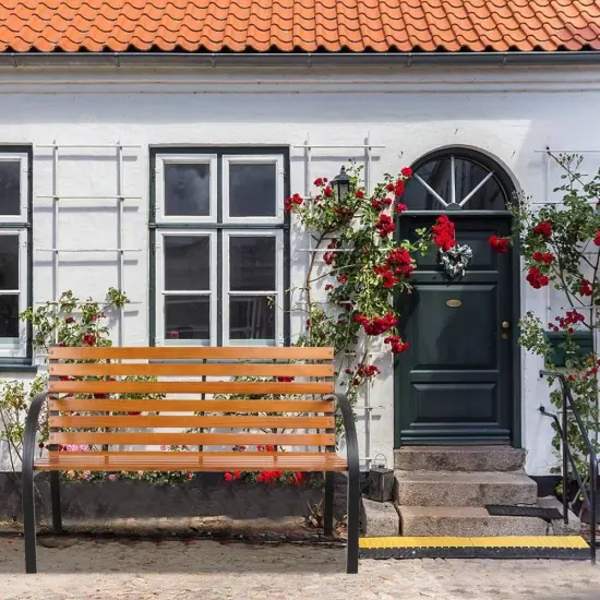 Iron Hardwood Outdoor Garden Bench with Curved Armrests Black & Natural {2}