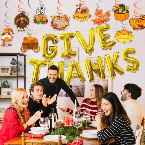 16 Inches Thanksgiving Foil Balloons and Banner - Give Thanks (Gold) {2}