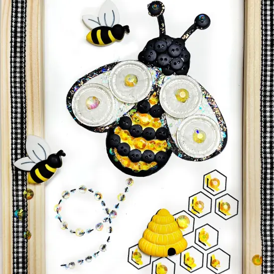 Buttons Galore & More DIY Bumble Bee Frame Craft Kit, Natural Wood Frame with Black Gingham Trim, Button Art, Honeycomb Design, Wall Decor, 5x7 Inches {3}