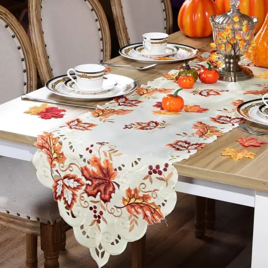 15 x 70 Inch Fall Runner for Table Embroidered Maple Leaves Table Runner {3}
