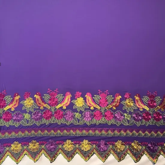 1 Yard Floral Bird Embroidered Polyester Fabric 56" Wide Decorative Fabric for Upholstery, Drapery & Accents Purple & Fren {4}
