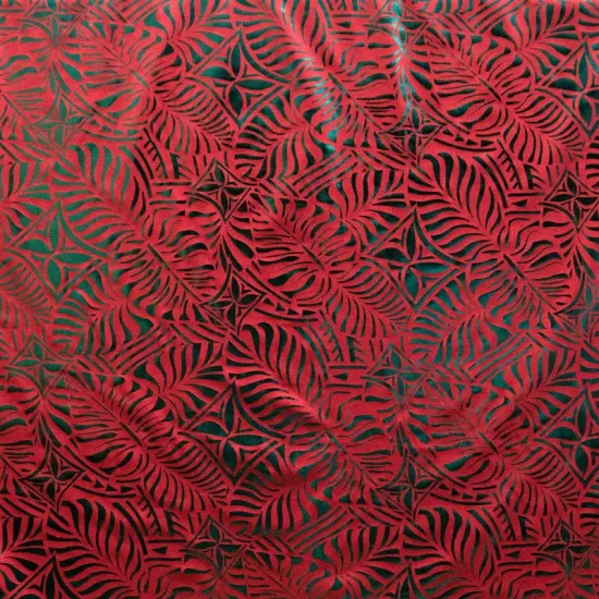 1 Yard Monstera Leaf Tiare Fabric Polyester Foil Print 60 Inches Width Red & Green {1}