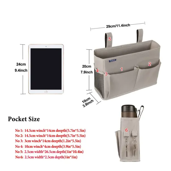Surblue Bedside Caddy Hanging Bed Organizer Storage Bag Pocket for Bunk and Hospital Beds, College Dorm Rooms Baby Bed Rails,Camp 4 Pockets and 2 Hooks (Gray) {3}