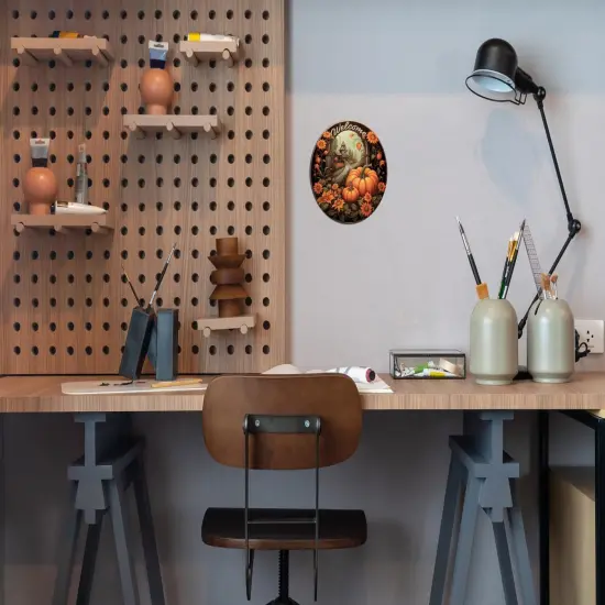 8x8 Inch Round Tin Metal Sign - Spooky Pumpkin {1}