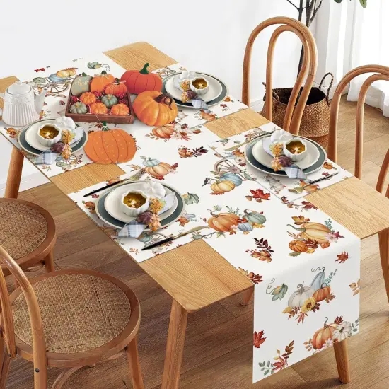 Fall Pumpkins Table Runner 13x72 Inch Watercolor Floral Leaves {5}