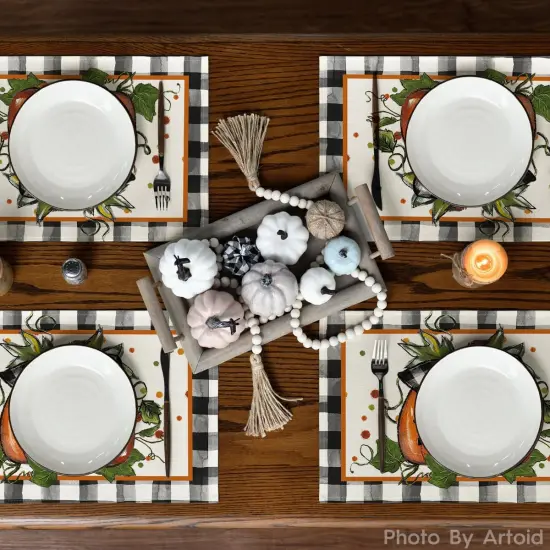 Set of 6 - Pumpkin Buffalo Plaid Fall Placemats,12x18 Inch Seasonal Autumn Table Mats {3}