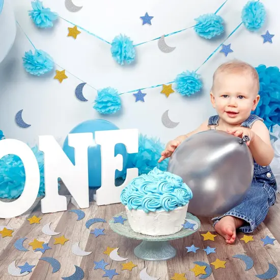 400 Pieces Glitter Star and Moon Paper Confetti Double Side Table Paper Confetti Sequin for Wedding Birthday Baby Shower Moon and Star Party Ramadan Mubarak Decor (Dark Blue, Light Blue, Gold, Silver) {2}