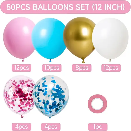 50pcs 12inch Pink Blue White Gold Balloons, Pink and Blue Confetti Balloons for Wedding Birthday Festival Party Decoration {2}
