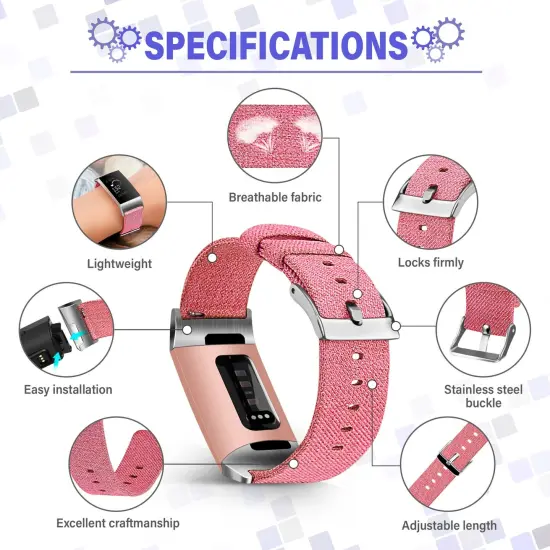 Insten Fabric Watch Band Compatible with Fitbit Charge 3, Charge 3 SE, Charge 4, and Charge 4 SE, Fitness Tracker Replacement Bands for Men and Women, Rose Red Pink {3}