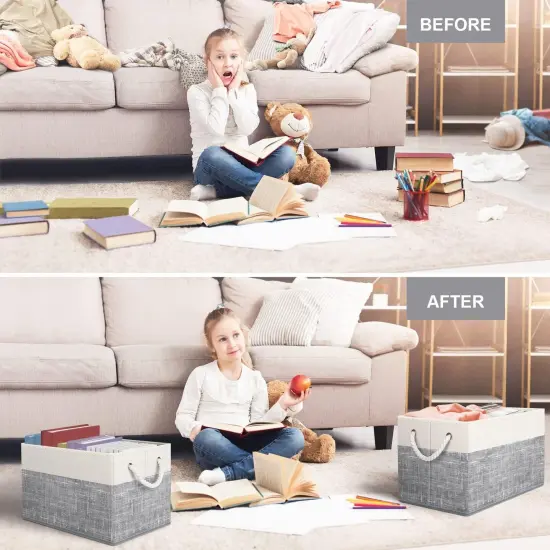 Fab totes Storage Bins [3-Pack], Foldable Storage Baskets for Organizing Toys, Books, Shelves, Closet, Large Storage Box with Rope Handles, Sturdy Organizer Bins, White & Grey {4}