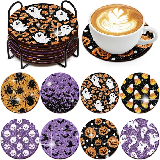 8 PCS Halloween Coasters with Holder - DIY Diamond Art Kit (Halloween-2) {1}