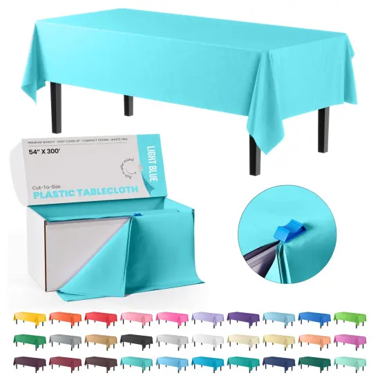  Party Solids 54" x 300' Plastic Table Cover Roll with Slide Cutter &ndash; Cut-to-Size Dispenser Box &ndash; Makes Up to 36 Disposable 8' Rectangle Tablecloths by Exquisite Light Blue {1}