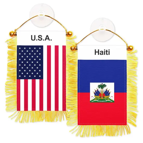 G128 Combo Pack: American USA & Haiti Haitian Fringy Flag Double Sided 3x5 In | Both Fringy Hanging Flag with Suction Cup {1}