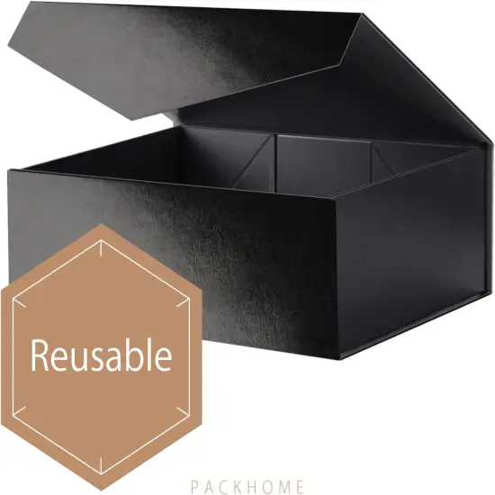 Large Gift Box with Lid, Sturdy Collapsible Gift Box with Magnetic Closure (Glossy Black, Grass Texture) {3}