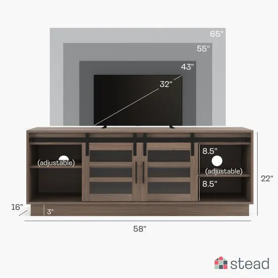 Stead Modern Farmhouse TV Stand, Media Console with Sliding Glass Doors, 58&rdquo; Entertainment Center with Storage, Barn Door TV Stand for Living Room and Bedrooms, Supports 32 to 65" TVs (Driftwood) {2}