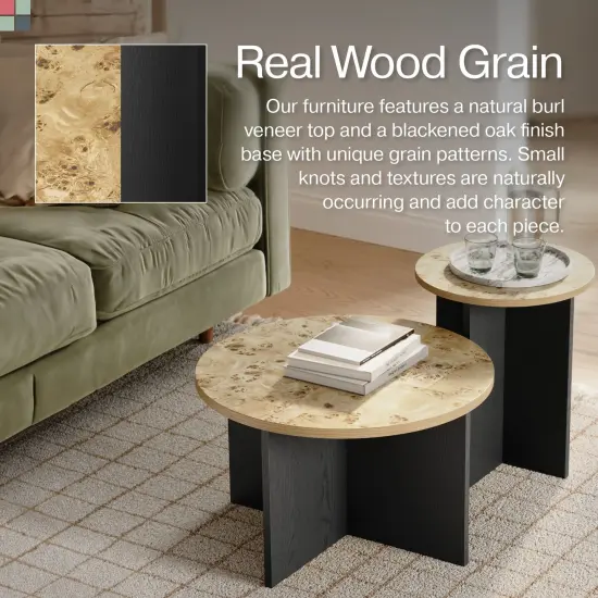 Stead Round Nesting Coffee Tables, 2 Piece Modern Home Decor, Solid Wood Base and Wood Burl Top (Blackened & Burl) {6}