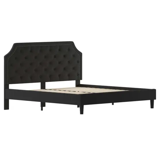 Merrick Lane Provence Platform Bed with Slatted Support Contemporary Tufted Upholstery with Accent Nail Trim {7}
