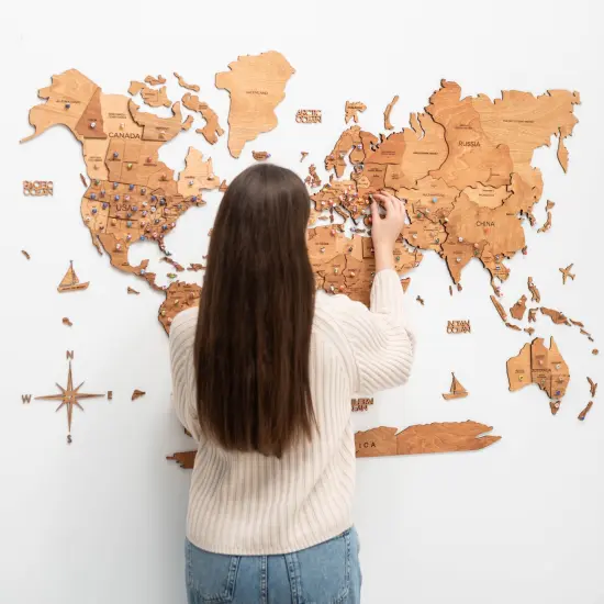 Living Room Decor, 3D World Map Wall Art Oak color, Travel Map, Housewarming Gift for the Home, Enjoy The Wood {7}