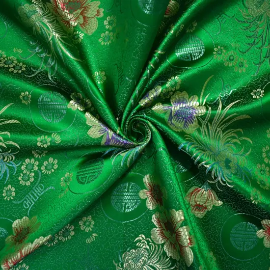 Green-Yellow-Multi Polyester Floral Chinese Brocade Woven Fabric By the Yard {1}