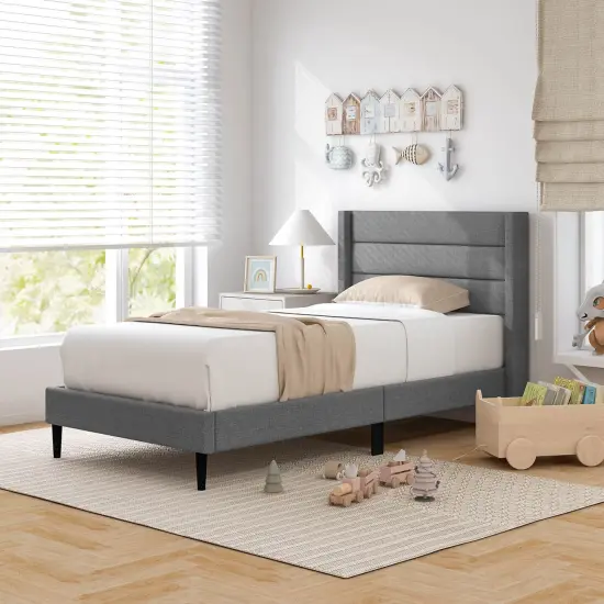 Costway Queen/Twin Bed Frame with Wingback Headboard Linen Upholstered Platform Bed Grey {9}