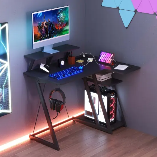 Costway L Shaped Gaming Desk with Outlets & USB Ports Monitor Shelf Headphone Hook Black/White/Pink {10}