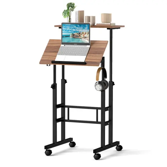 Costway Mobile Standing Desk Rolling Adjustable Laptop Cart Home Office Walnut/Natural/White {1}