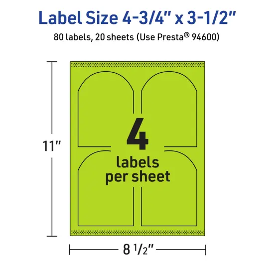 Avery Bright Green Paper Labels, 4.75" x 3.5" Arched {5}