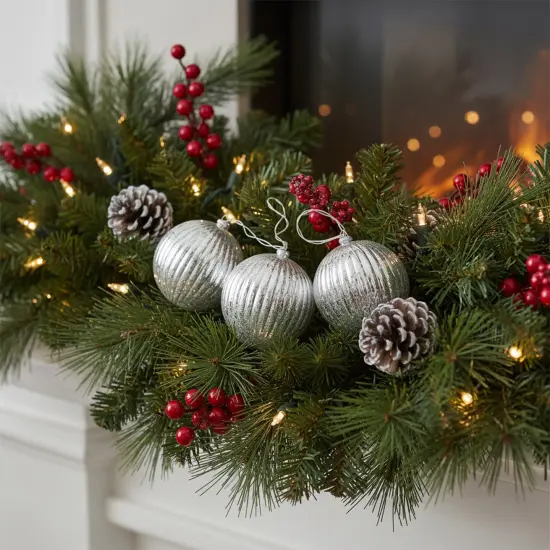 PENN Lighted Ribbed Mercury Glass Finish Ball Christmas Ornaments - Silver - Clear Lights - Set of 3 {1}