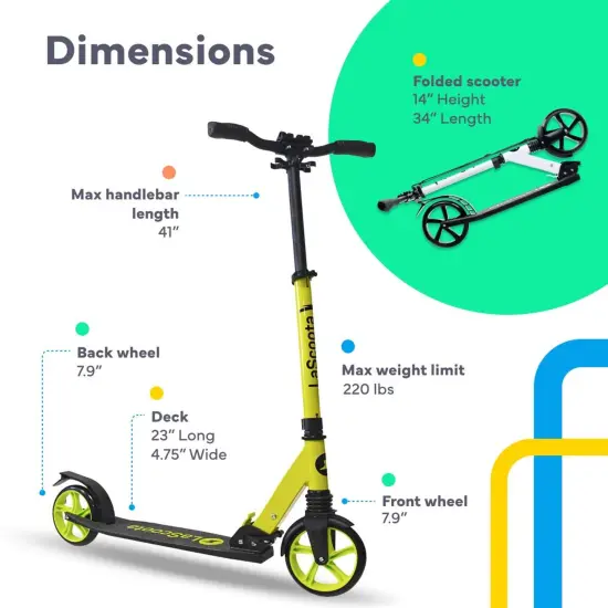 LaScoota Kick Scooter for Adults & Teens. Perfect for Ages 8-14 and Men & Women. Lightweight Foldable Adult Scooter with Large 8&rdquo; Wheels 220lbs (Regular (Teen), Yellow) Green {6}