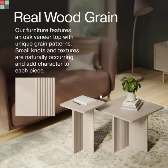 Stead Square Fluted Nesting Coffee Tables, 2 Piece Coffee Table Set, Modern Drink Desk for Living Room, Modern Home Decor, Solid Wood Base and Wood Grain Veneer Top (Weathered White) {6}