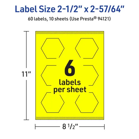 Avery Neon Yellow Paper Labels, 2-1/2" x 2-57/64" Hexagon {5}