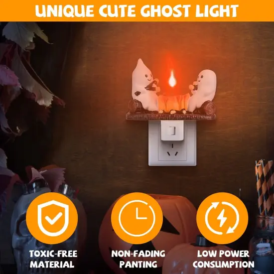 2Pcs Ghost Campfire Flickering Flame Night Light Indoor 3D Funny Halloween Nightlight Decoration Bedroom Night Light Halloween Decoration Gift For Friends Family {2}