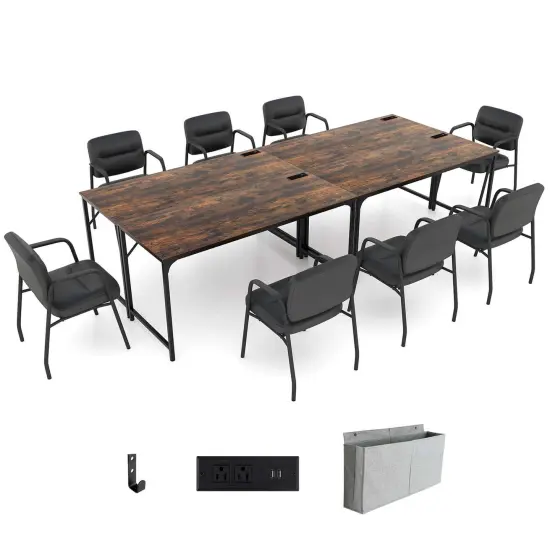 Costway Set of 2/4/6 Meeting Room Desk with Charging Station & Headphone Hook Metal Frame Brown {8}